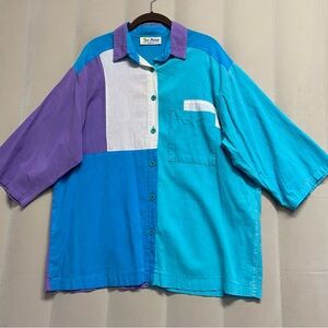 Vintage Two Potato Women’s Shirt Color Block Button Up Pastel Retro 80s USA